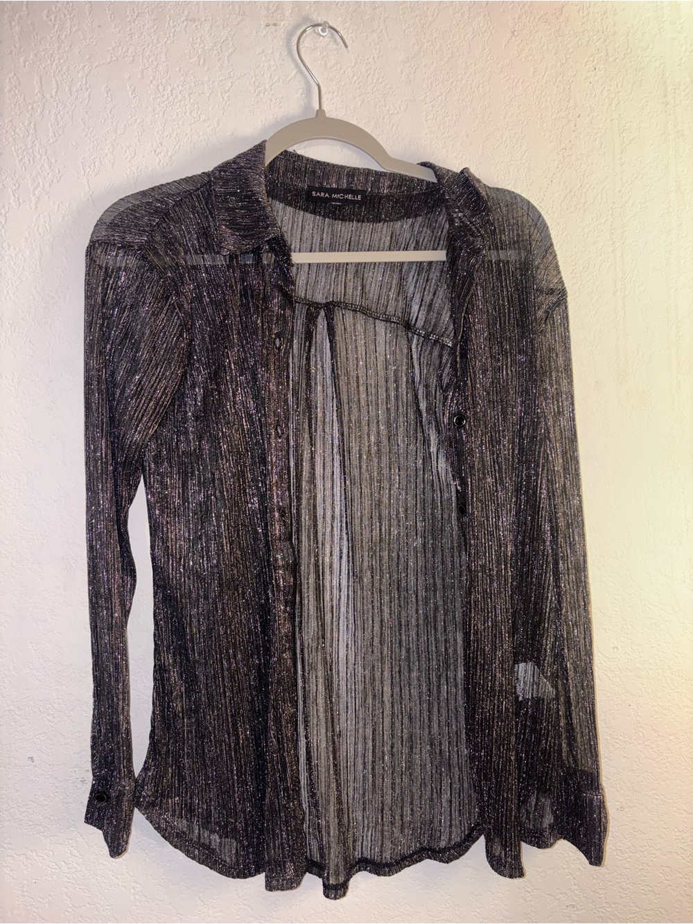 Sara Michelle Black Sheer Metallic-Thread Button-Down Shirt